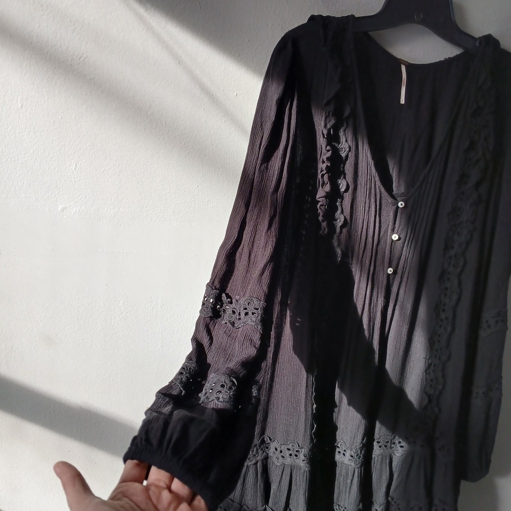Free People Size Small Snow Angel Mini Dress Black Long Sleeve Bohemian Slip - Picture 5 of 13